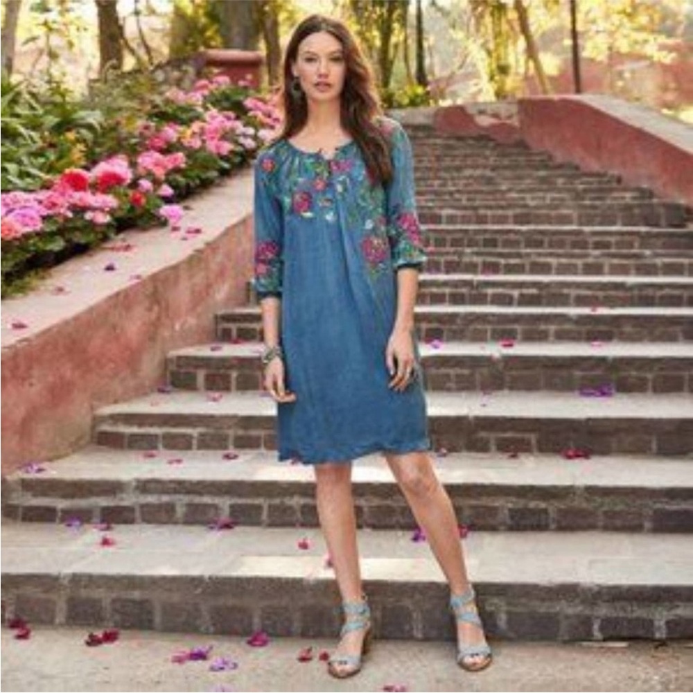 Sundance Drifting Blossoms Blue Dress with Floral Embroidery Large